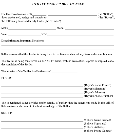 Utility Trailer Bill of Sale Form PDF