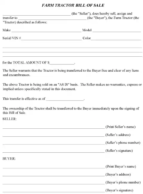 Farm Tractor Bill of Sale Form