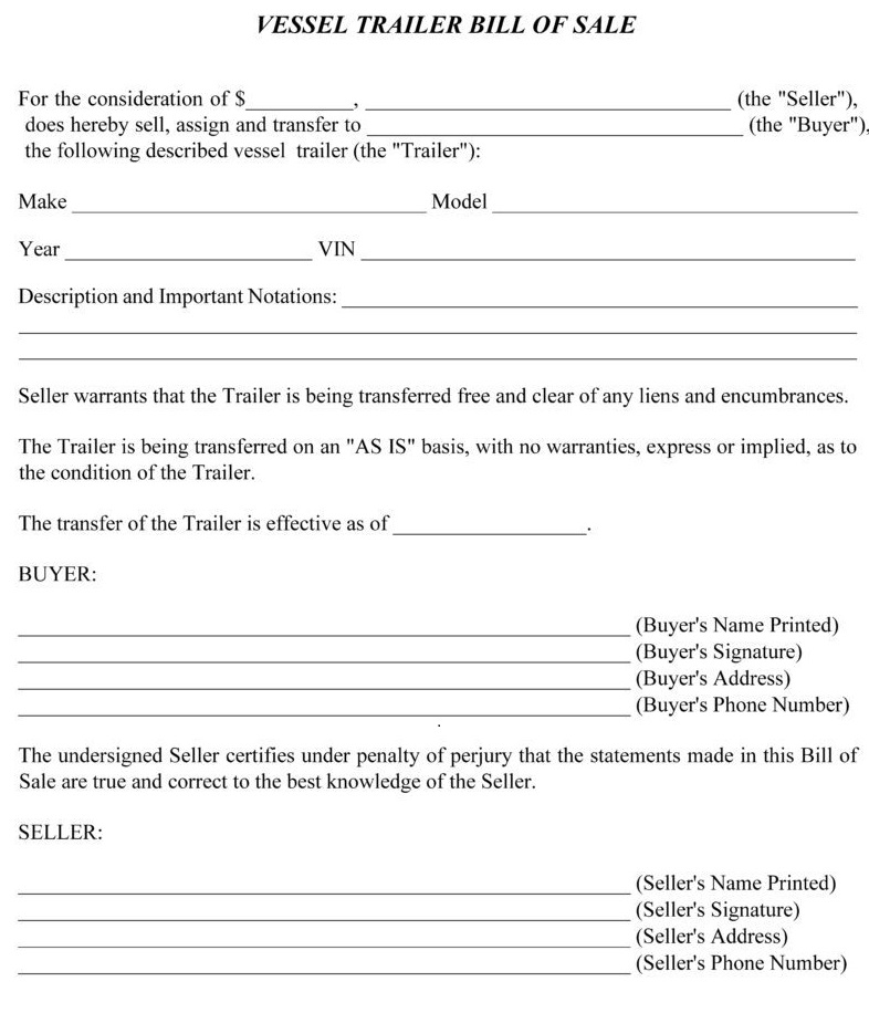 Vessel Trailer Bill of Sale Form Word